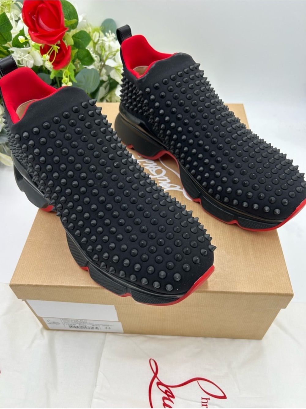 Men’s Christian Louboutin, black spike sock sneaker size 44 made in Italy - Picture 2 of 10